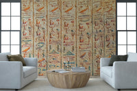 Ancient Glyphs Wall Mural adds old-world wall detail to this bright open seating room
