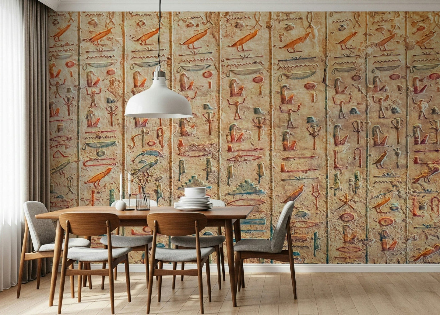 The Dining room with Ancient Glyphs Wall Mural and carved symbol texture
