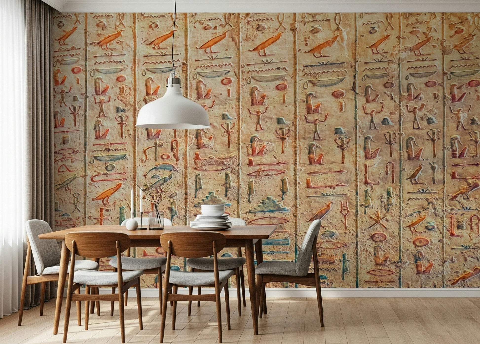 The Dining room with Ancient Glyphs Wall Mural and carved symbol texture