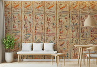 A bench seating area paired with Ancient Glyphs Wall Mural and engraved wall patterns