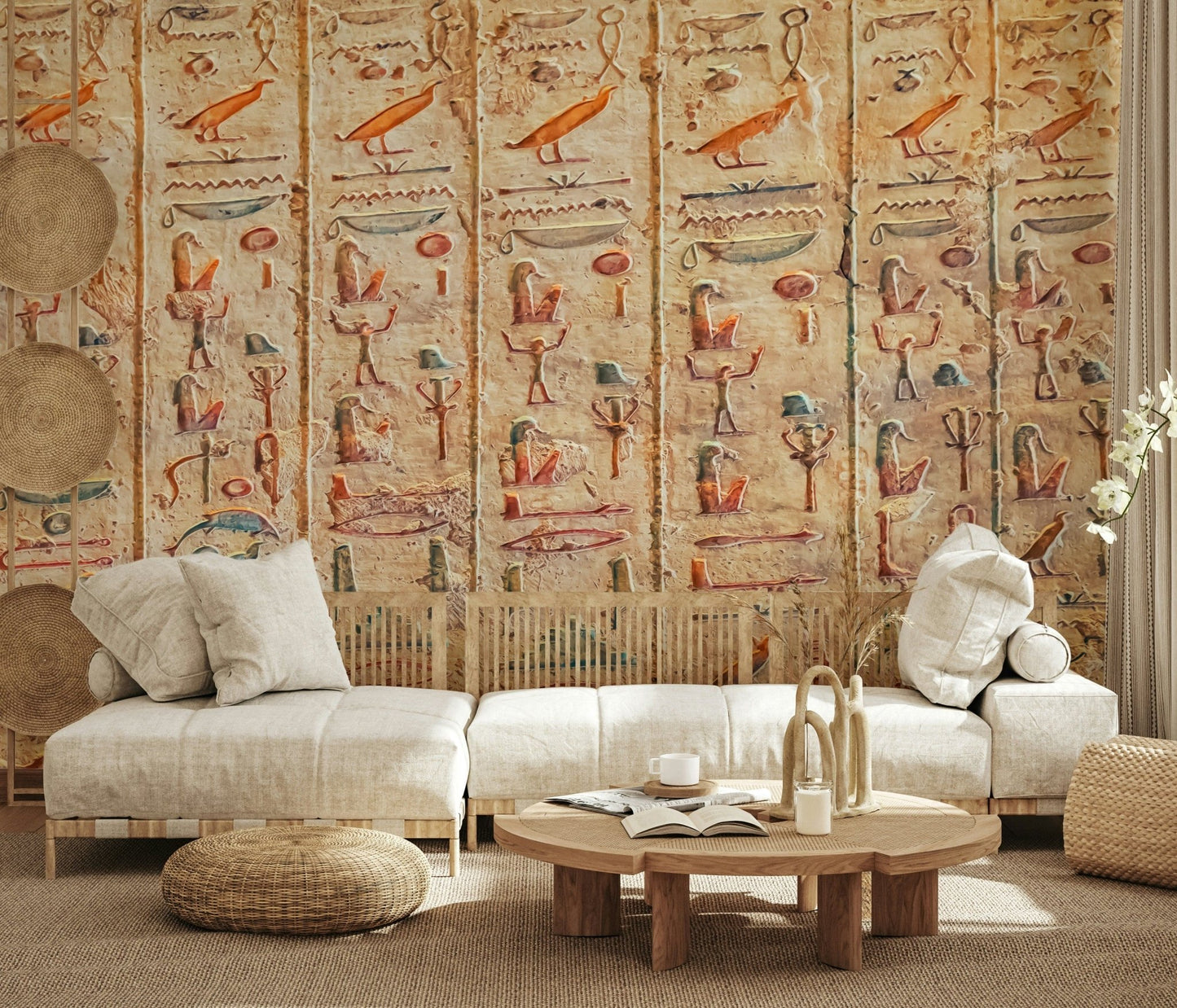 A warm lounge styled with Ancient Glyphs Wall Mural and carved stone-style markings