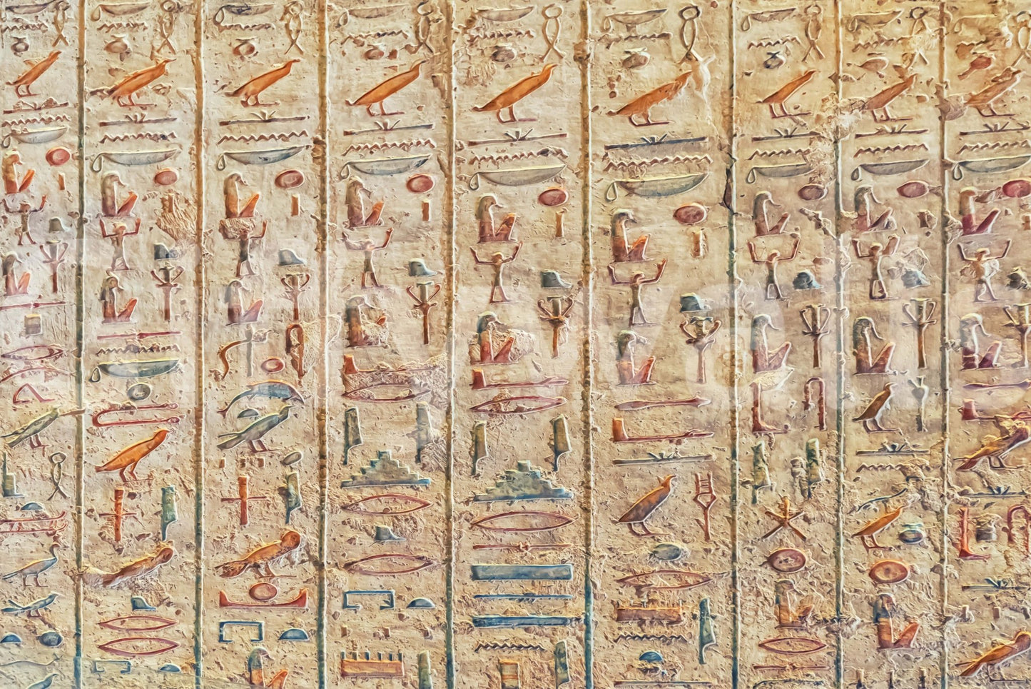 Ancient Glyphs Wall Mural with carved stone symbols in warm weathered earth tones