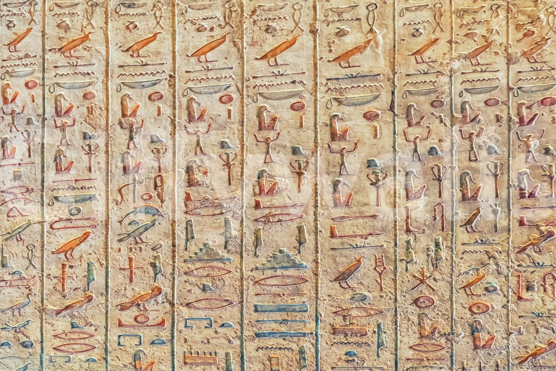 Ancient Glyphs Wall Mural with carved stone symbols in warm weathered earth tones