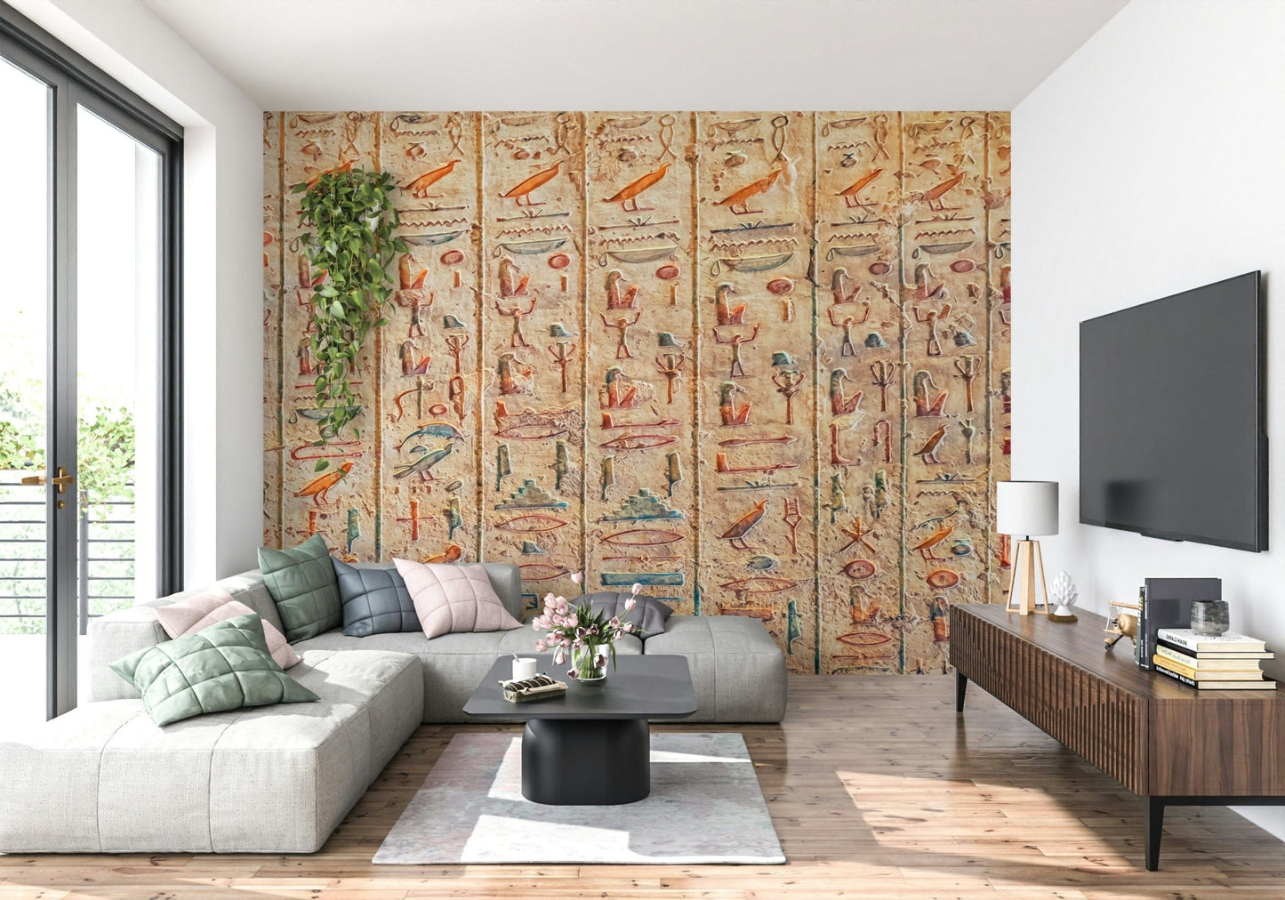Ancient Glyphs Wall Mural creates a bold textured backdrop for this modern living room