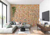 Ancient Glyphs Wall Mural creates a bold textured backdrop for this modern living room