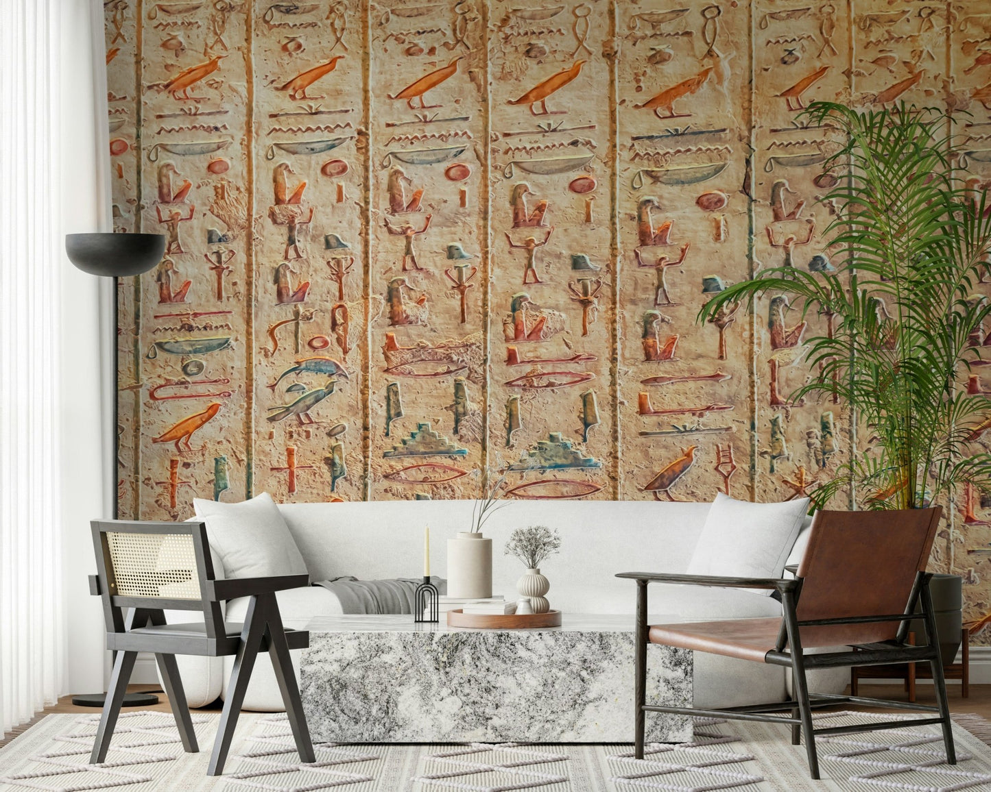 In this dining space, Ancient Glyphs Wall Mural adds old carved detail and depth