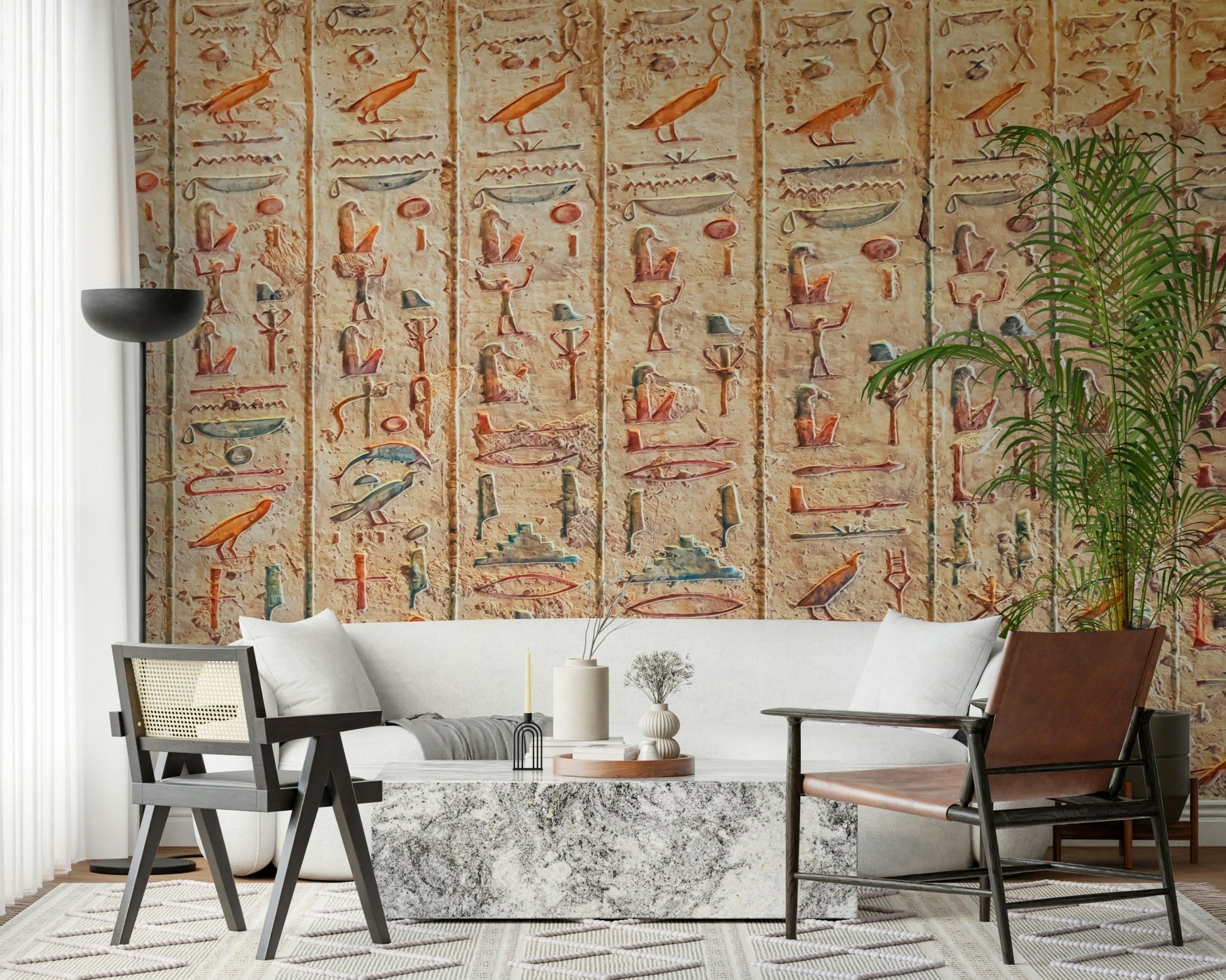 In this dining space, Ancient Glyphs Wall Mural adds old carved detail and depth