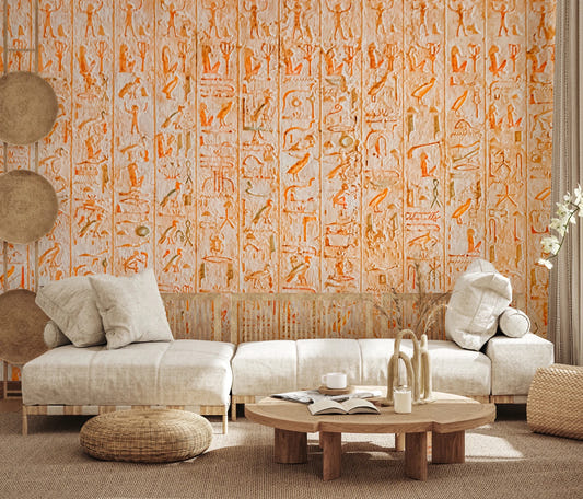 Ancient Inscriptions Wall Mural grounding a cozy living room with warm carved texture