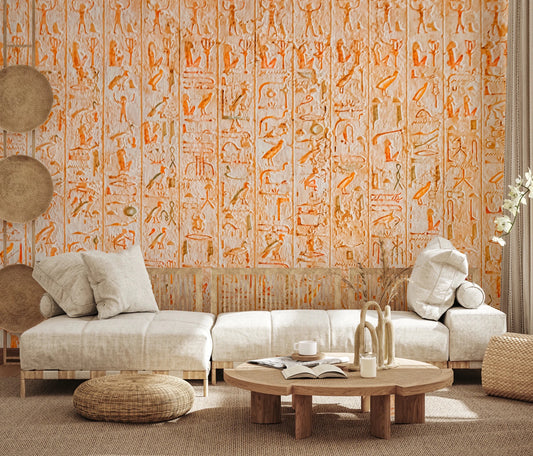 Ancient Inscriptions Wall Mural grounding a cozy living room with warm carved texture