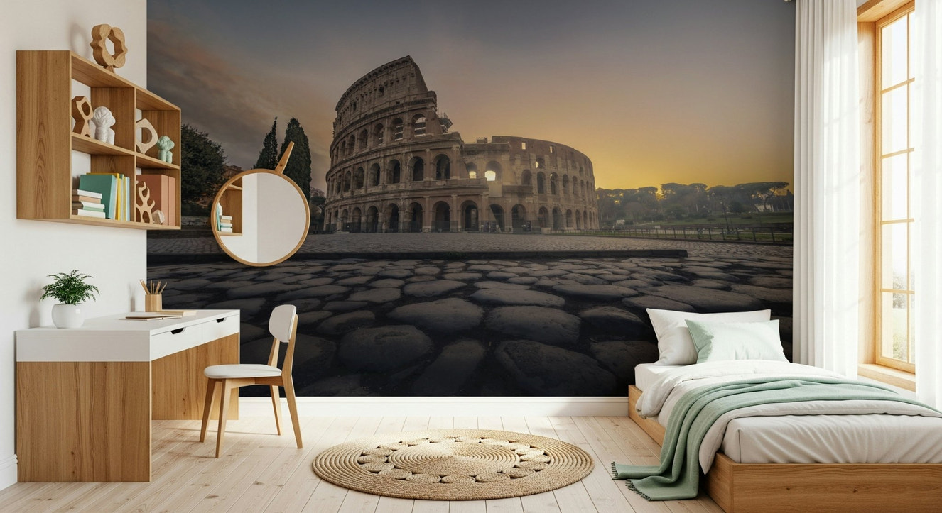 A beautiful Ancient Rome wallpaper mural featuring historic ruins at sunrise.