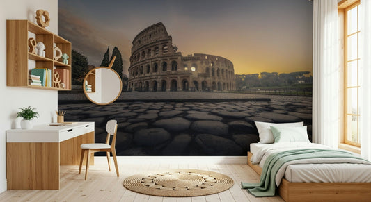 A beautiful Ancient Rome wallpaper mural featuring historic ruins at sunrise.