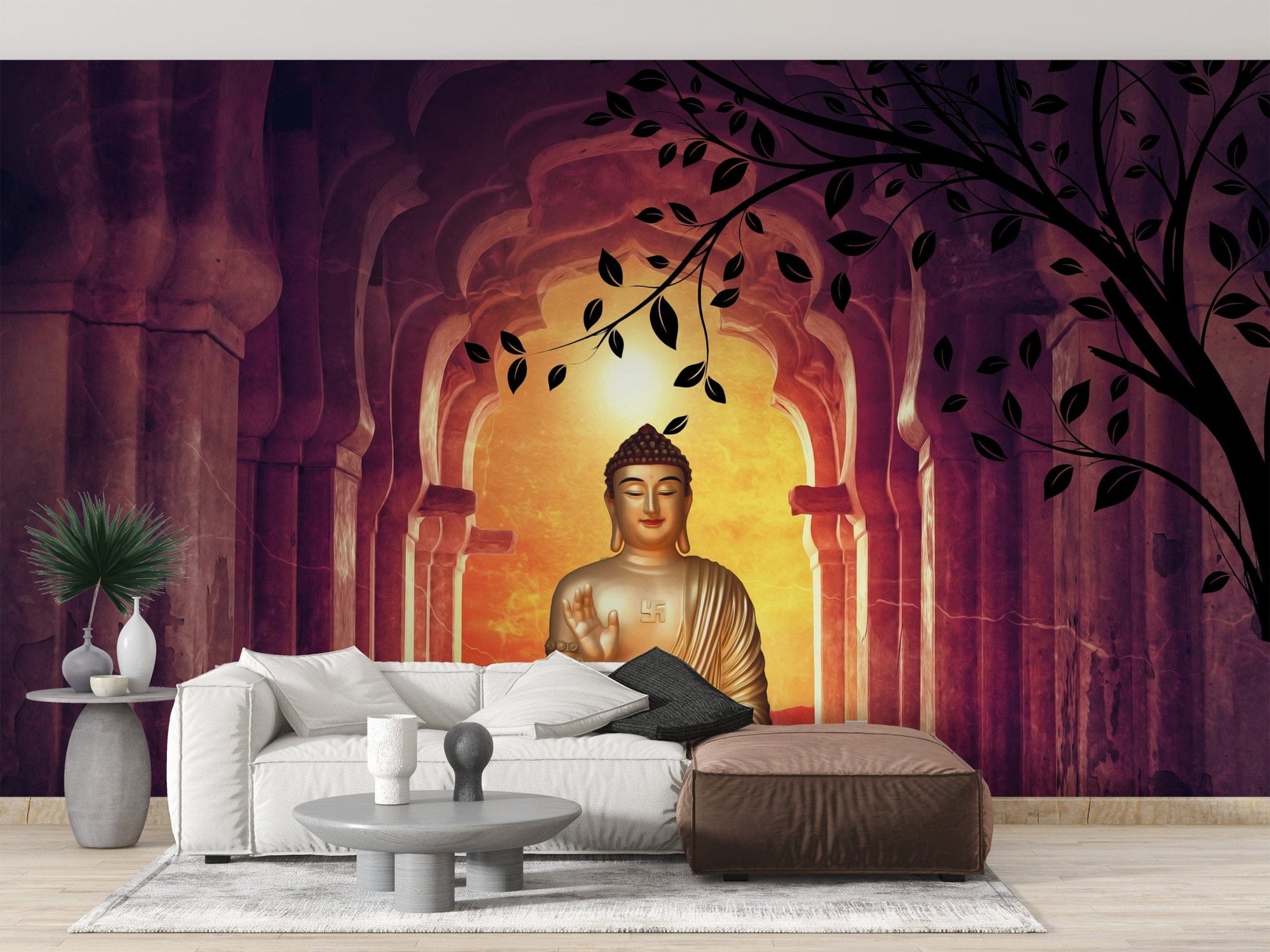 Ancient Buddha mural with temple backdrop, B357