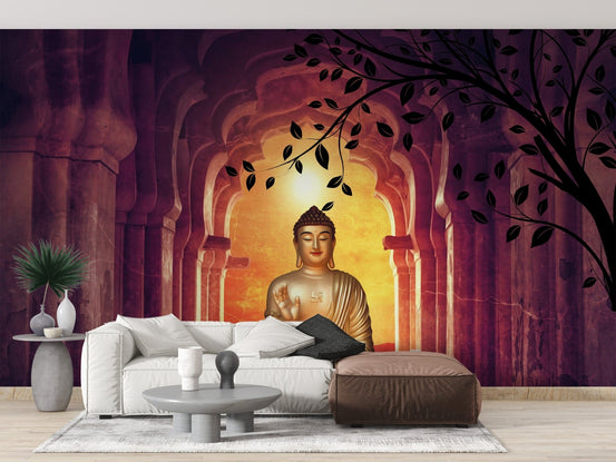 Ancient Buddha mural with temple backdrop, B357