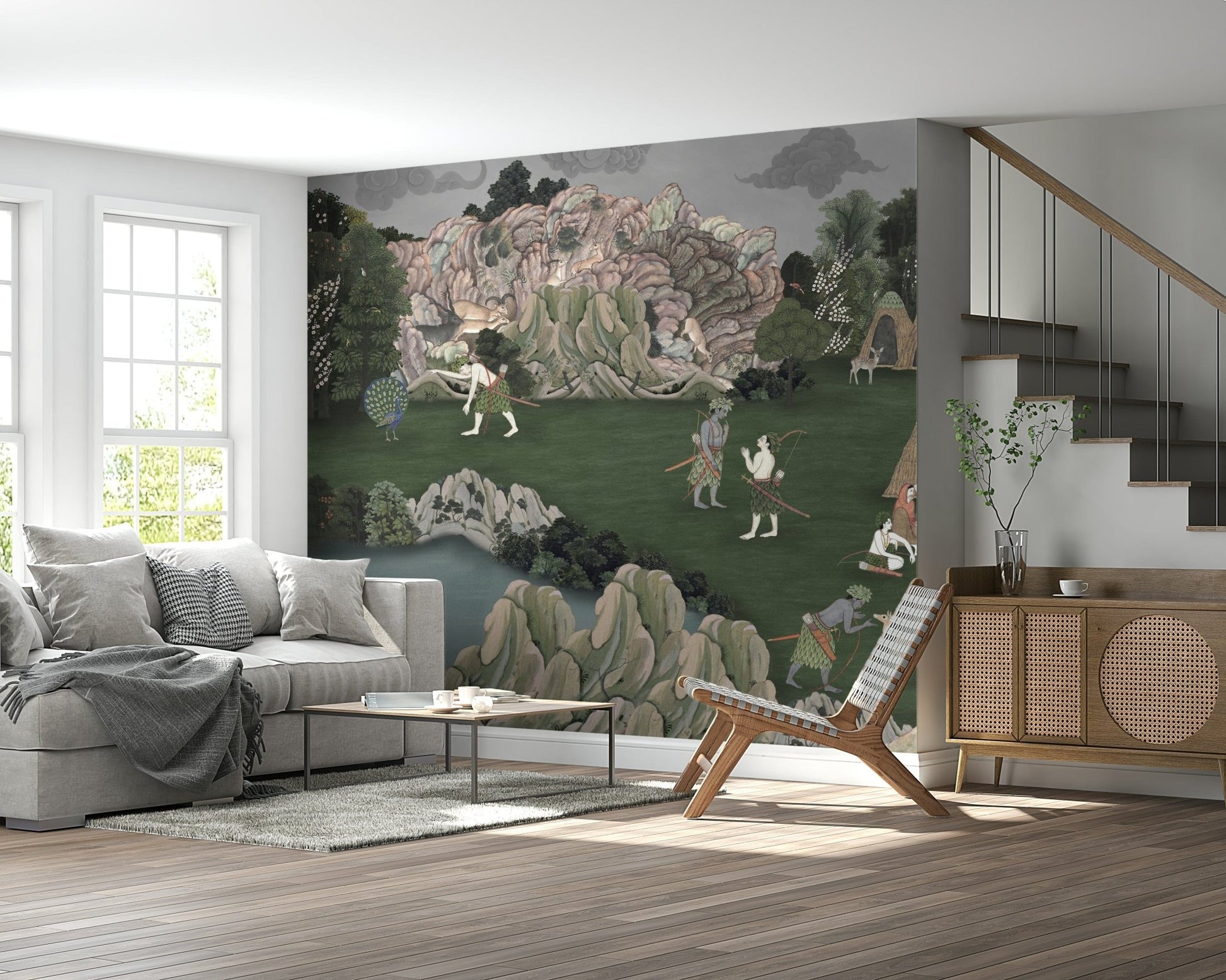 Wide panoramic wall mural inspired by antique landscape paintings