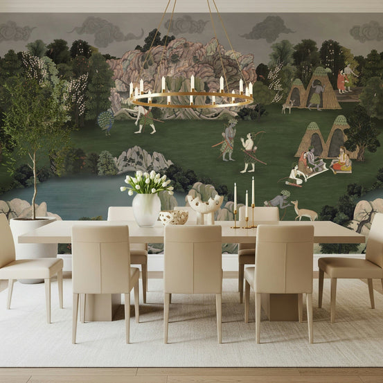 Scenic wall mural inspired by classical landscape art with mountains, trees, and tents, GD7567