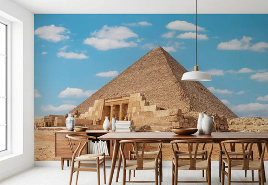 Dining room featuring Ancient Wonders wall mural and sandy pyramid view