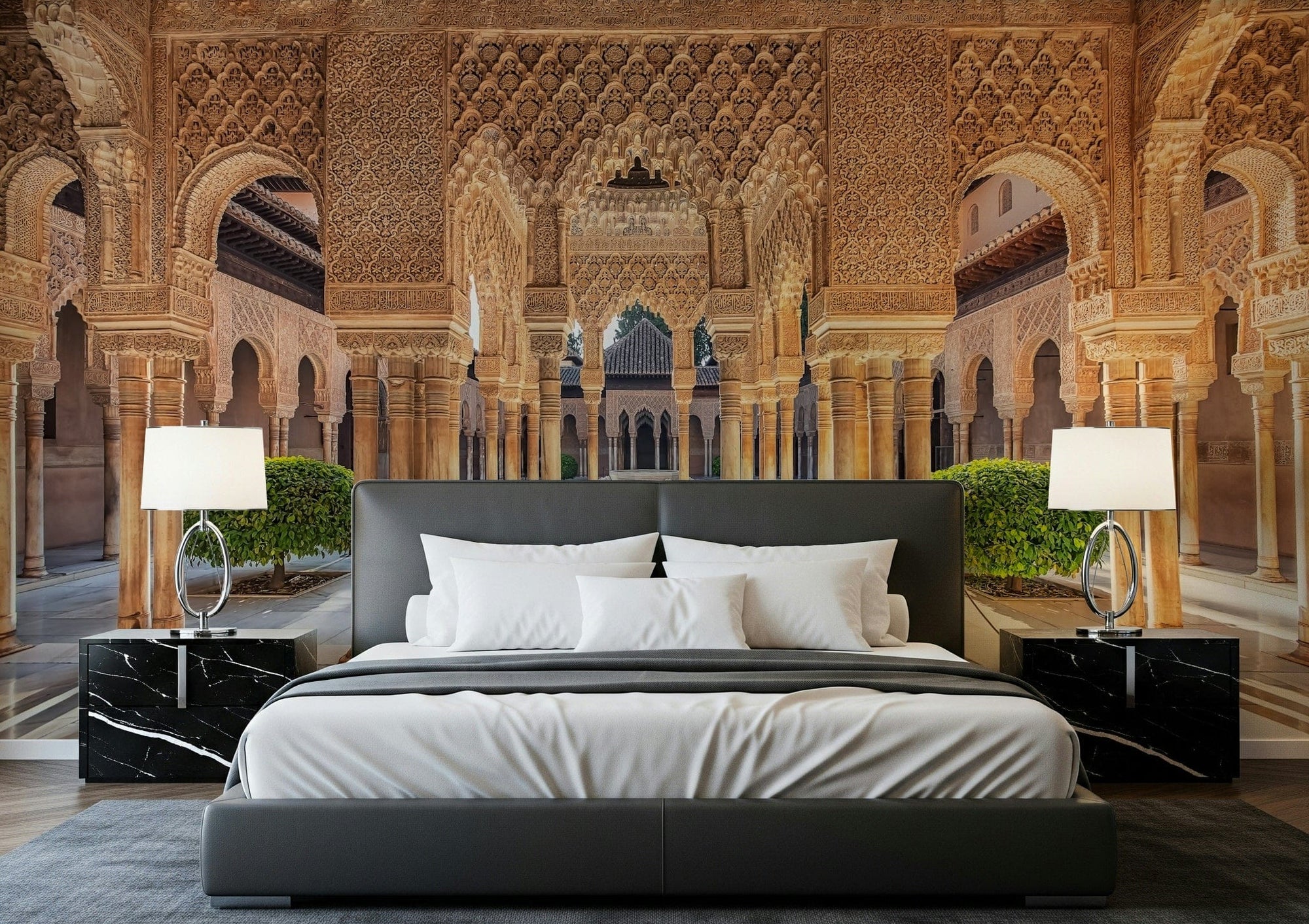 Andalusian Courtyard wall mural showing carved arches and slim columns GD7388
