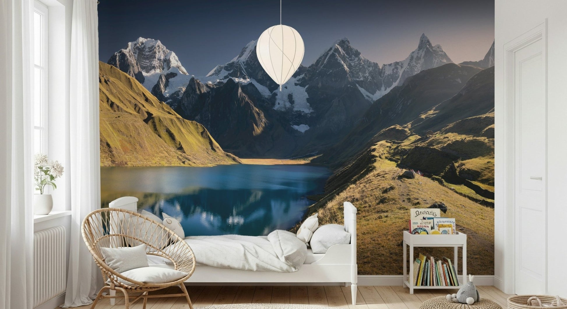 A calming serene view wallpaper mural that defines a space.
