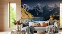 An artistic scenic landscape mural on minimalist wallpaper.