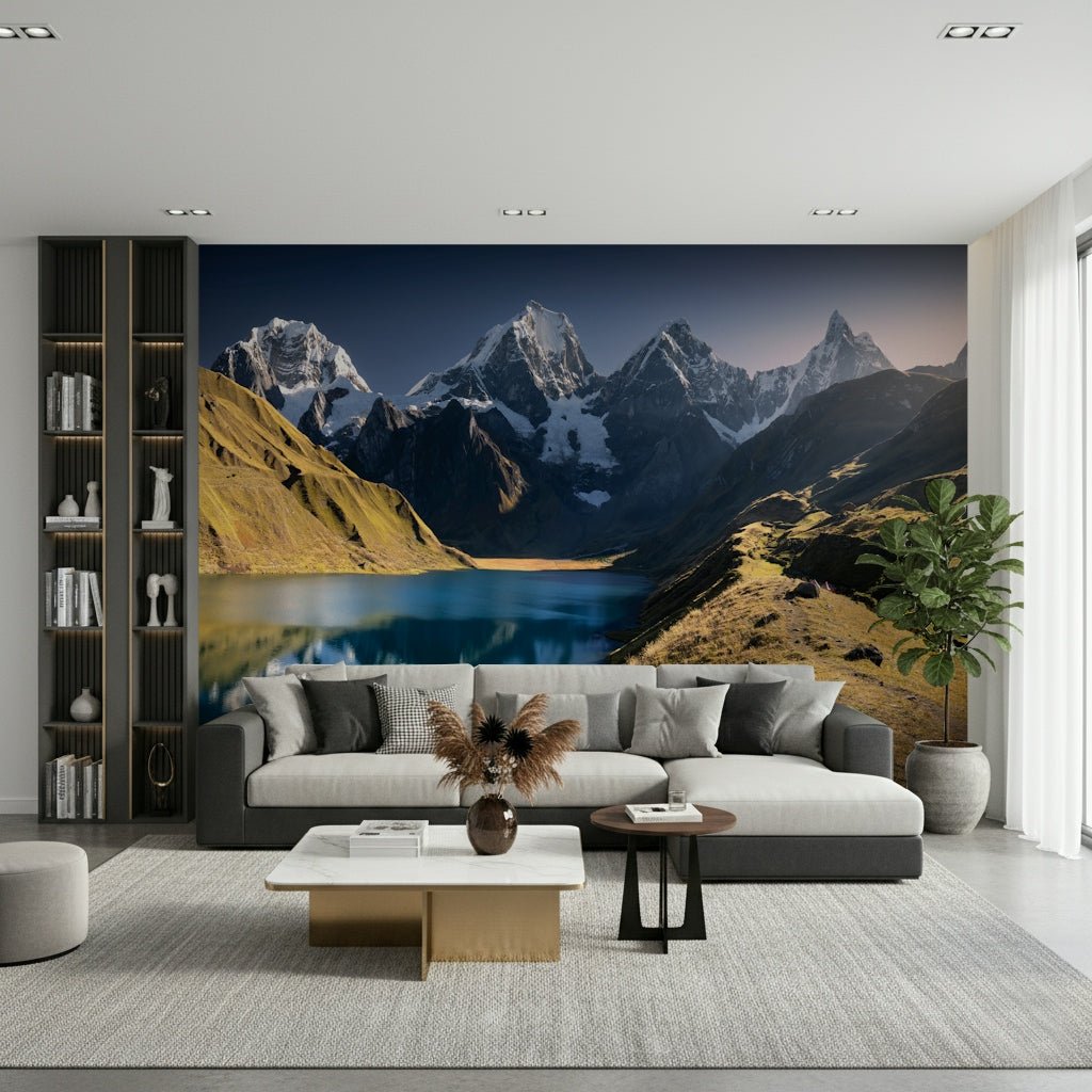 A beautiful panoramic mountain wallpaper mural with serene lake reflections.