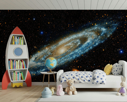 Andromeda wall mural in a modern living room with deep blue space tones.