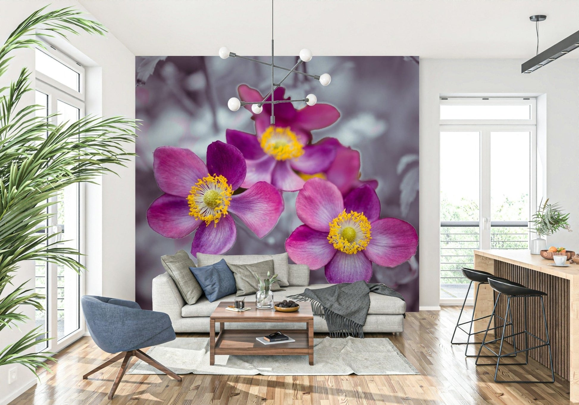 Anemone Flowers Wall Mural featuring large white blooms and buds