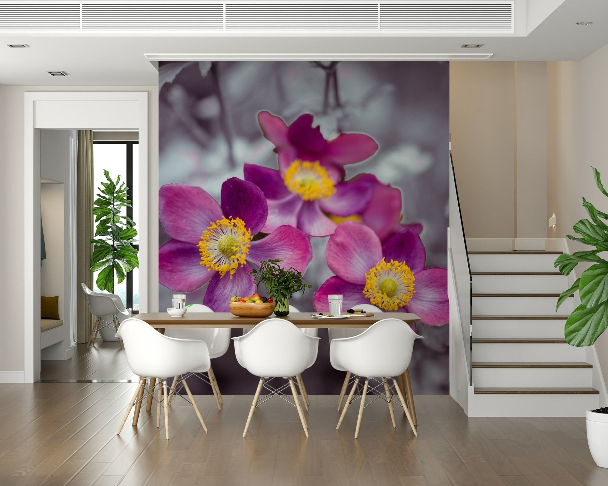 Delicate botanical mural in a bright and airy dining space