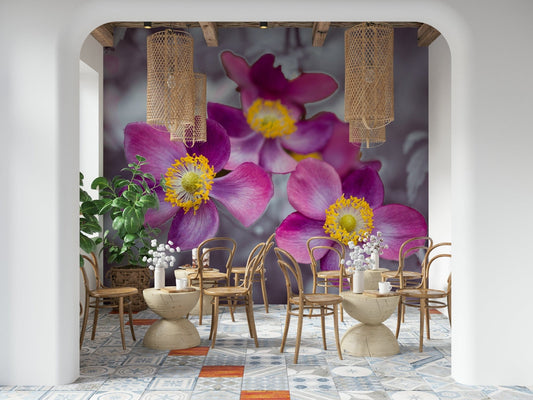 Soft pink anemone flower wallpaper in a modern living room