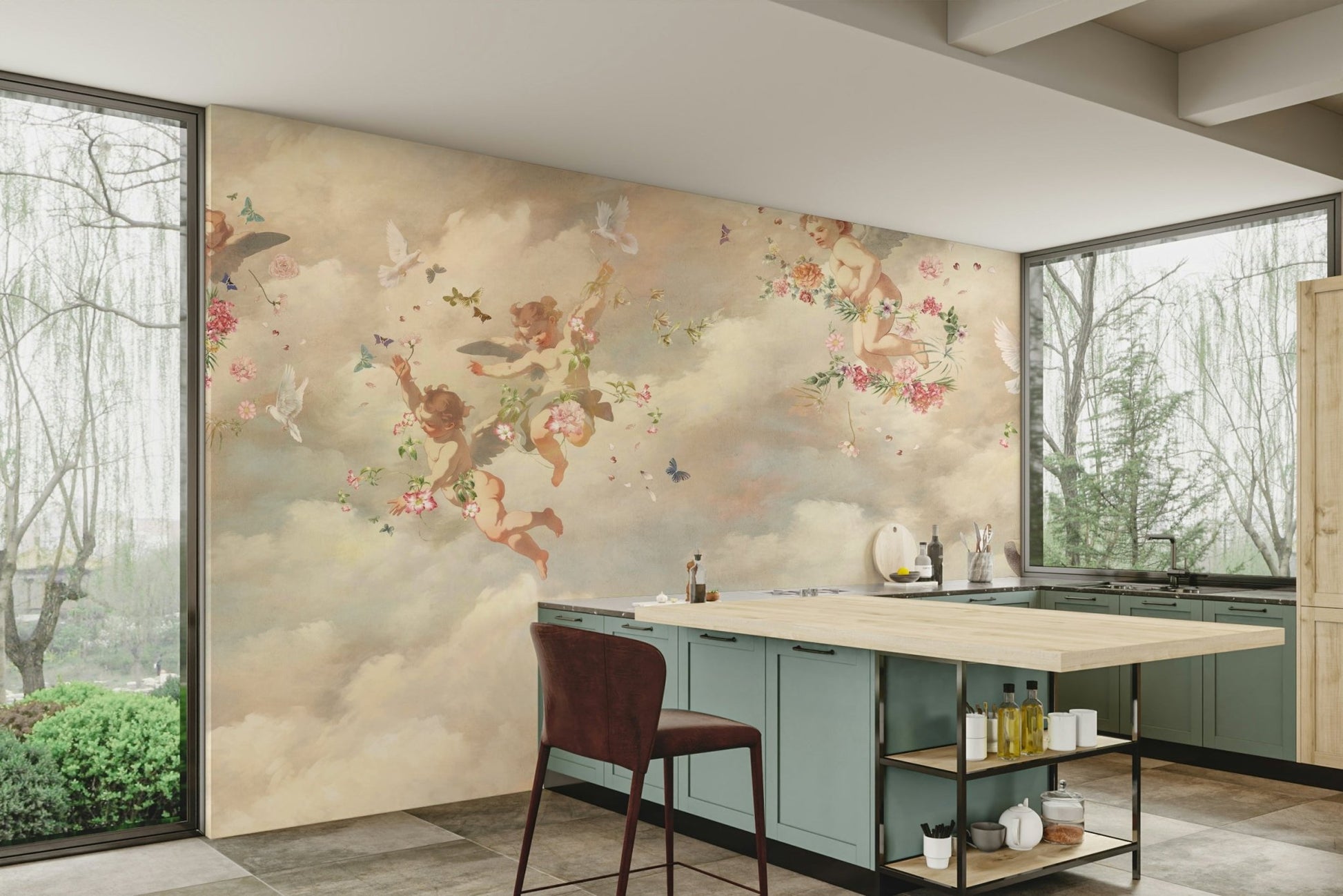 A photo-realistic wall mural of a sky filled with romantic clouds.

