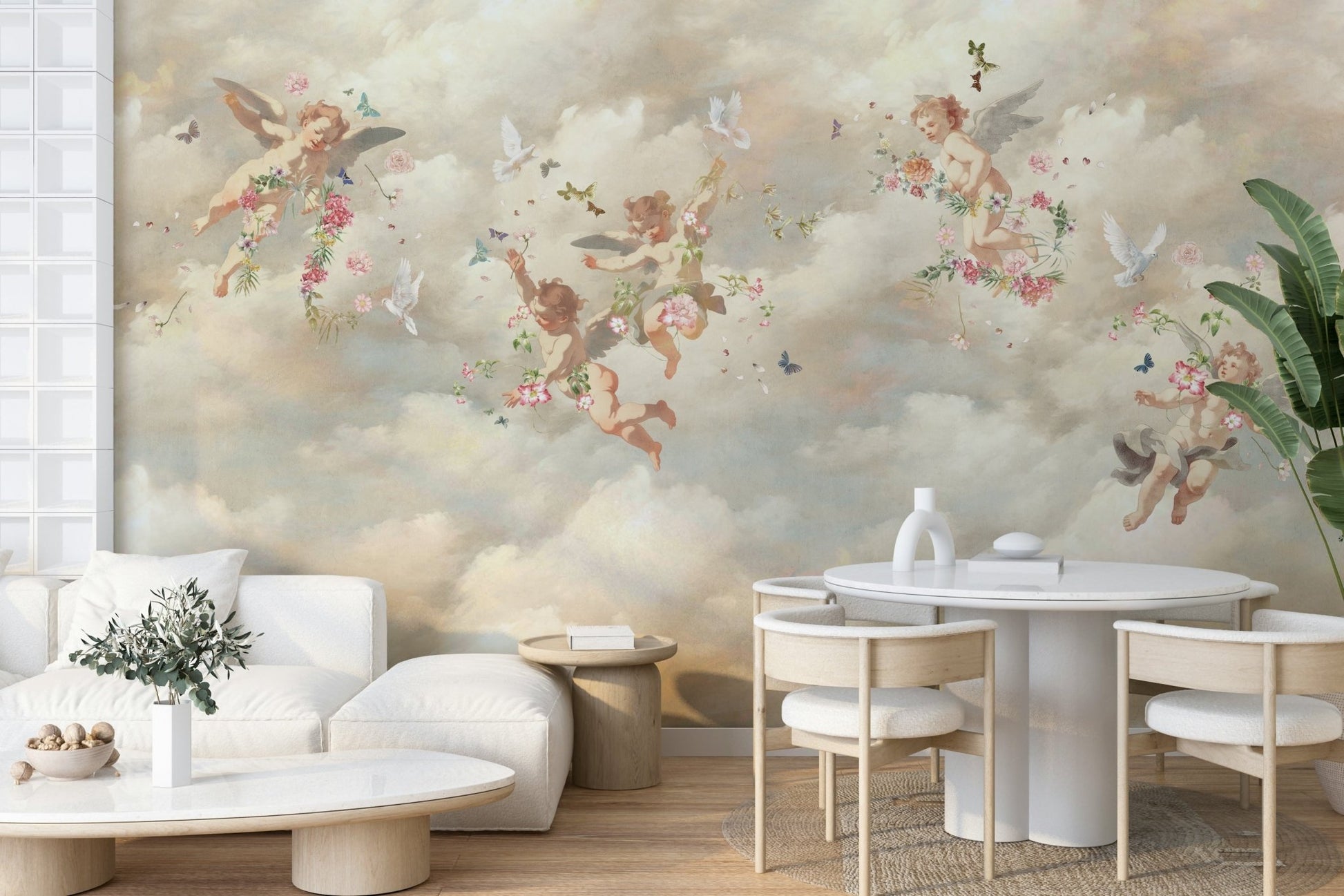 The wallpaper is applied seamlessly, making the whole wall feel like an open sky.

