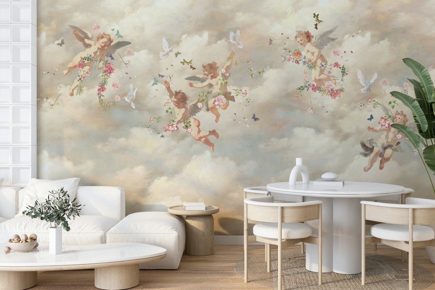 The wallpaper is applied seamlessly, making the whole wall feel like an open sky.

