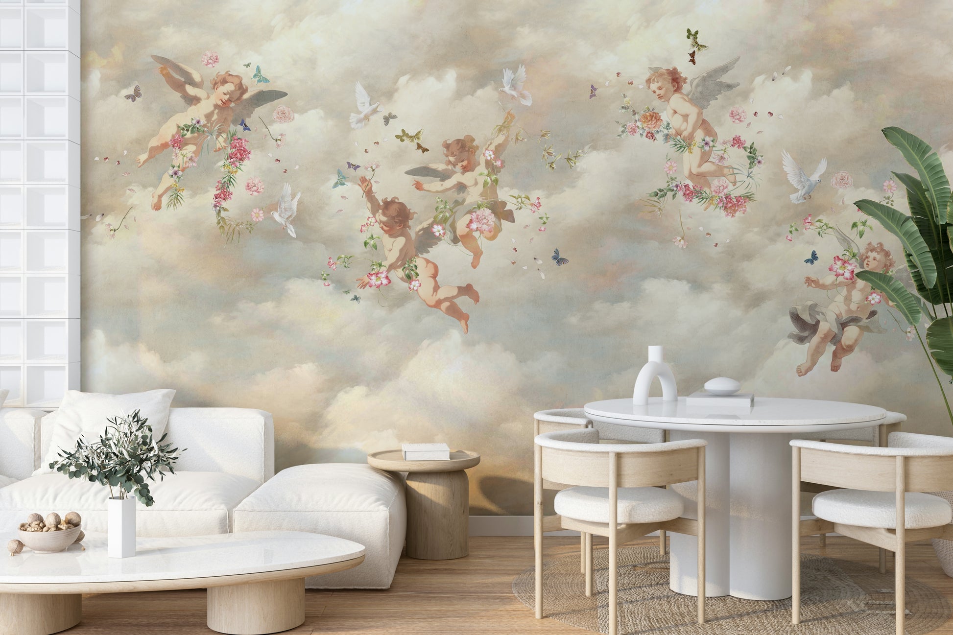 The wallpaper is applied seamlessly, making the whole wall feel like an open sky.

