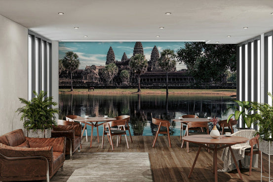 Scenic Angkor Wat Reflection Wall Mural with palm trees GD5029