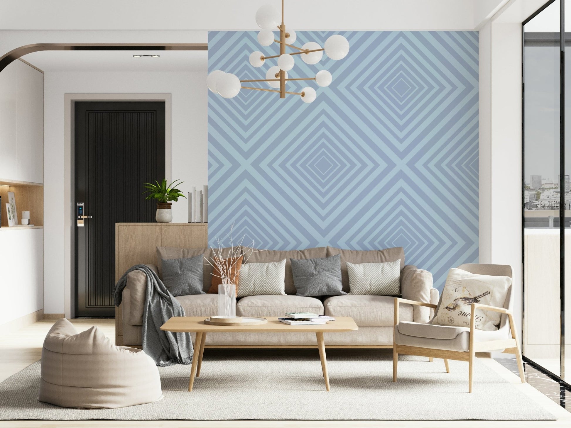Angles of Azure visually appealing mural, abstract chevron shapes.