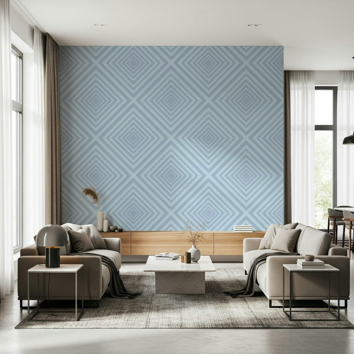 Angles of Azure graphic pattern mural, cool blue diagonal lines.
