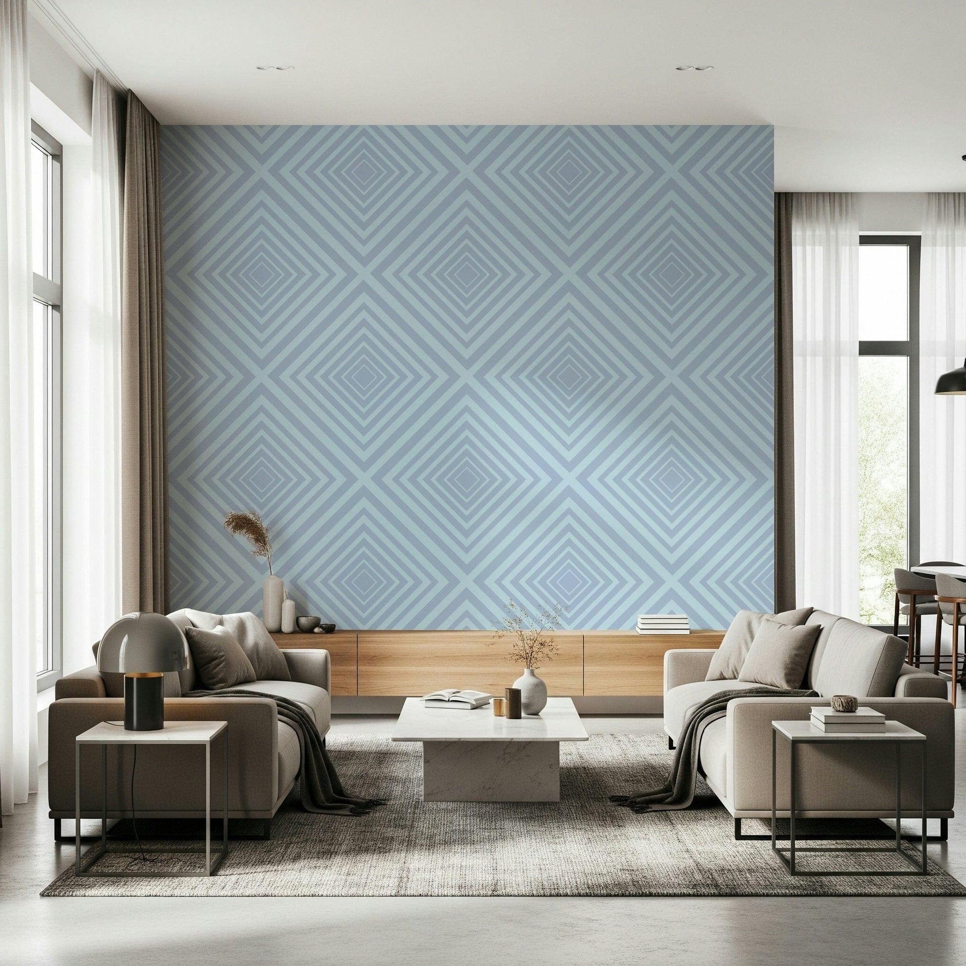 Angles of Azure graphic pattern mural, cool blue diagonal lines.