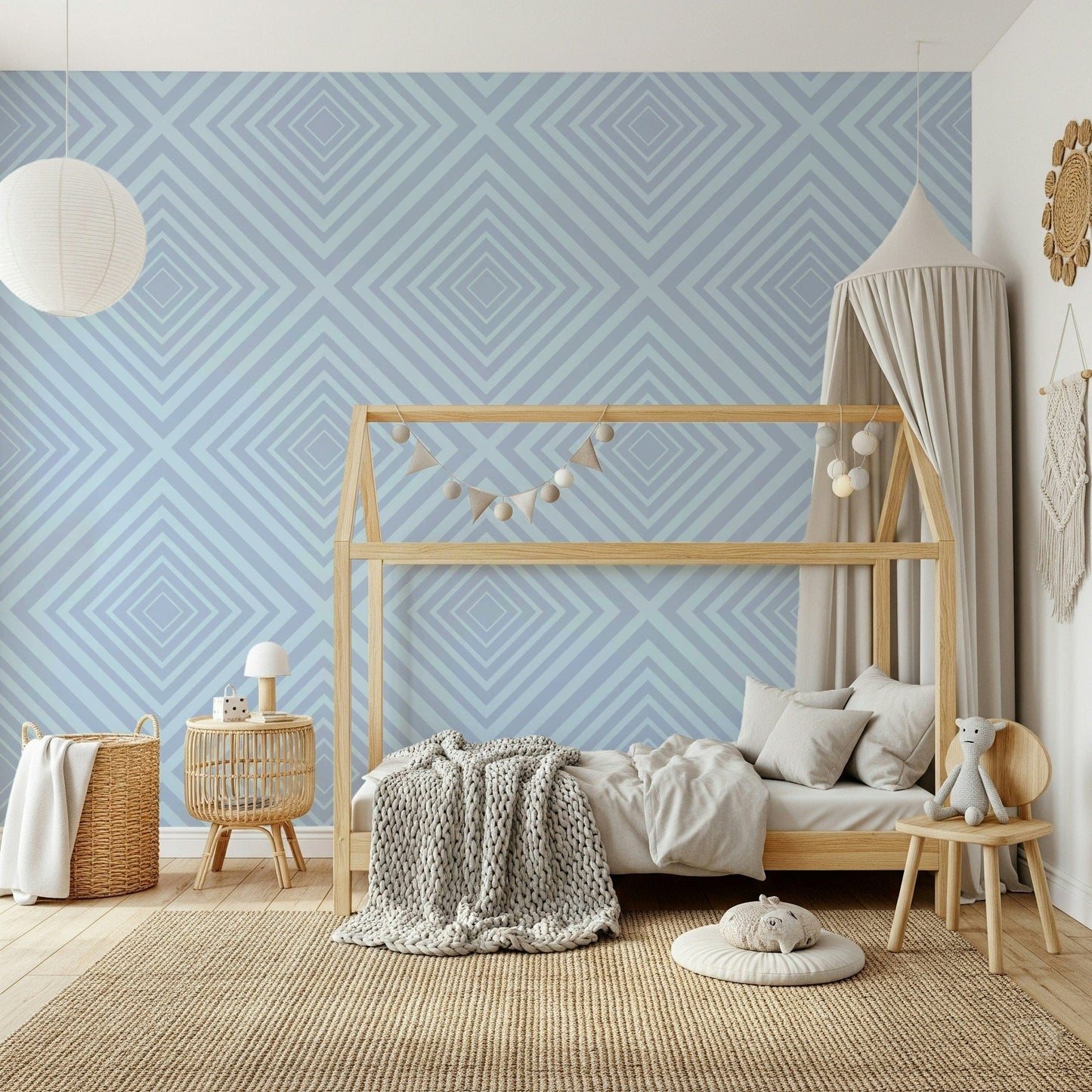 Angles of Azure calm accent wall mural, peaceful blue geometry.