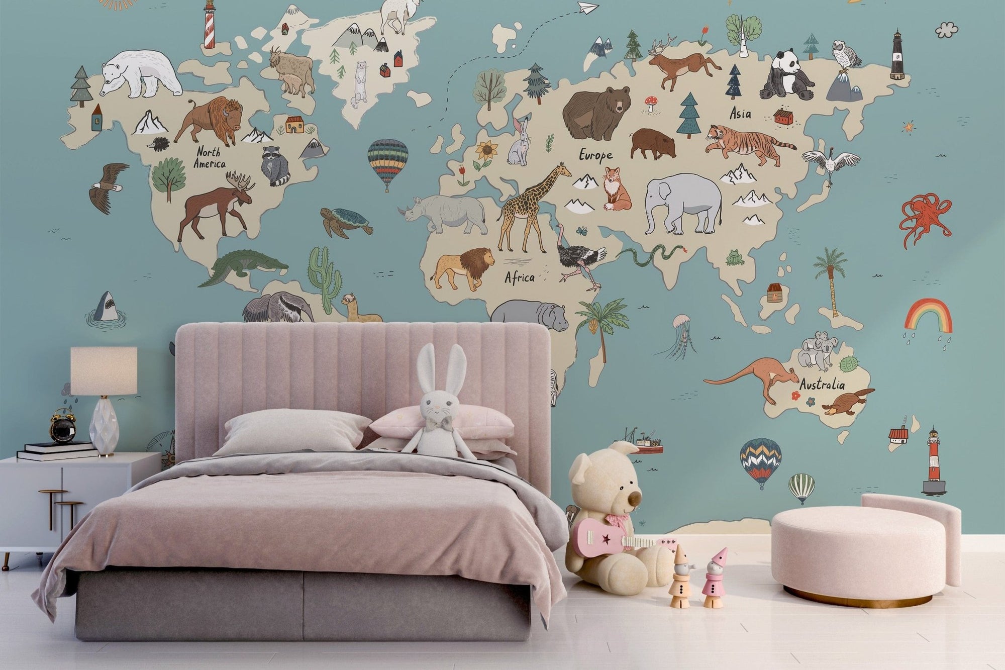 Whimsical animal adventure atlas wall mural, C205