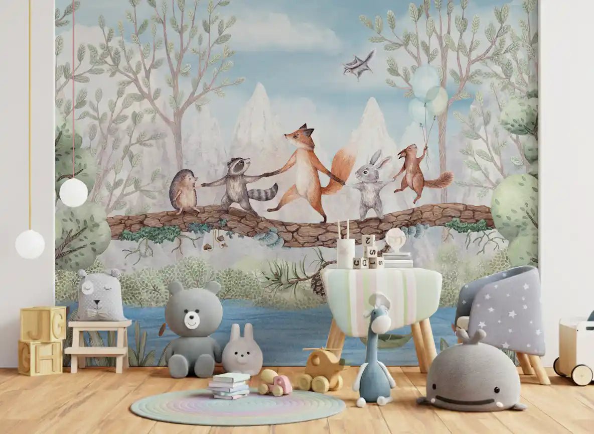 Animal Adventure Wall Mural with soft mountains background, GD9169