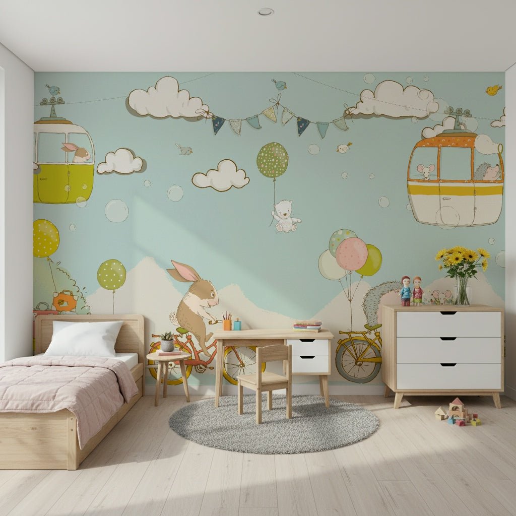 A beautiful whimsical animal wallpaper mural for a child's room.