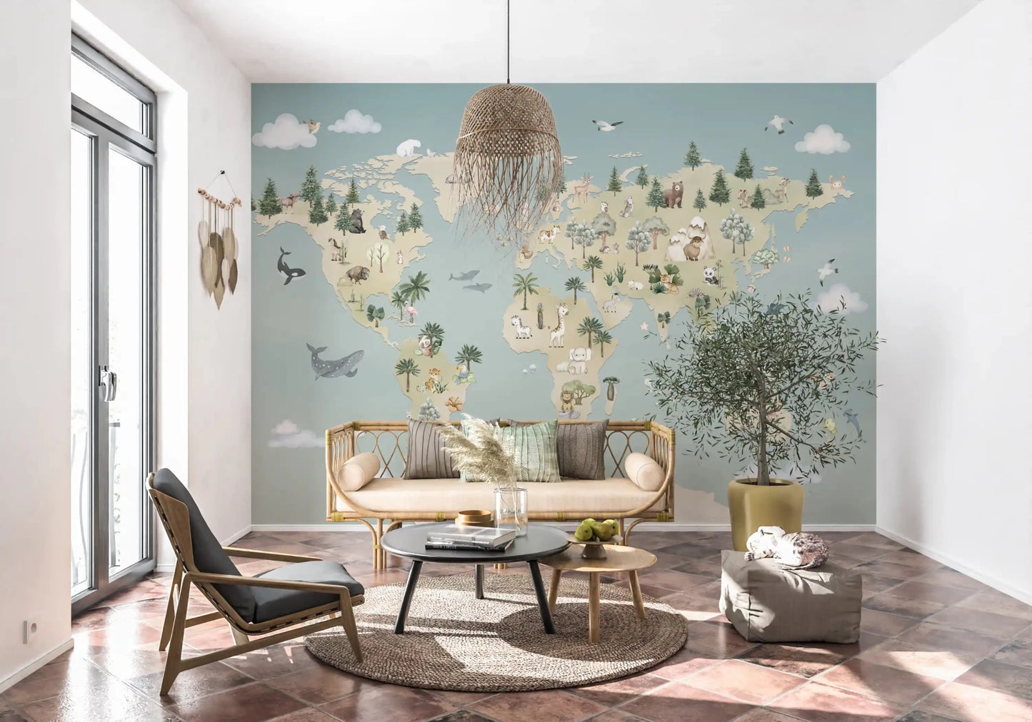 Animal Atlas Blue Wall Mural with wildlife and trees layout