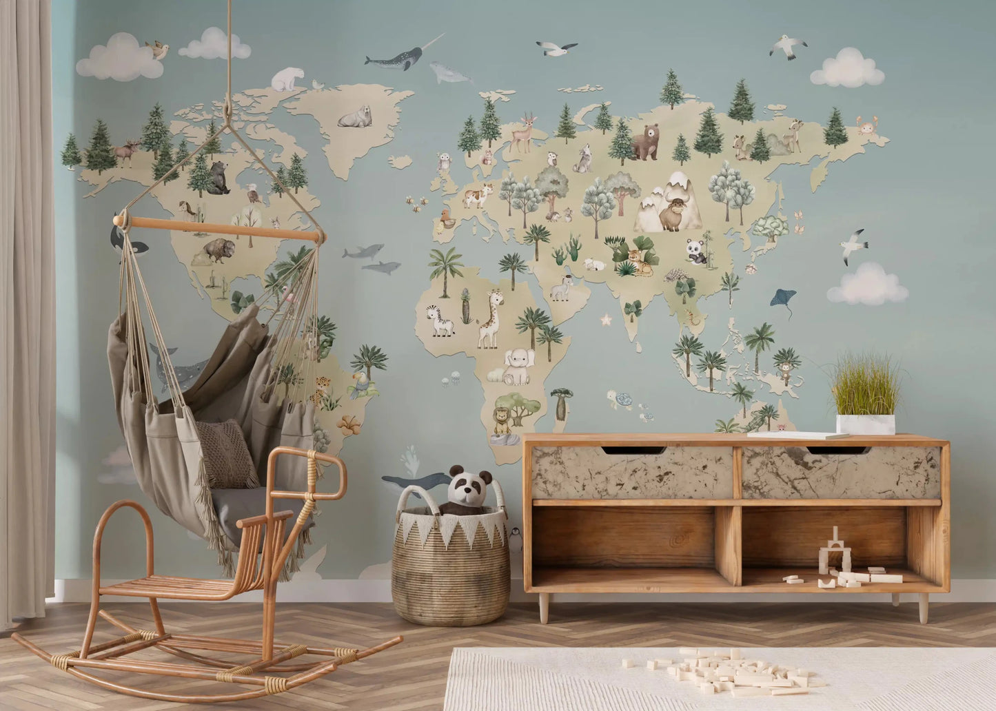Nursery wall showing Animal Atlas Blue Wall Mural map design