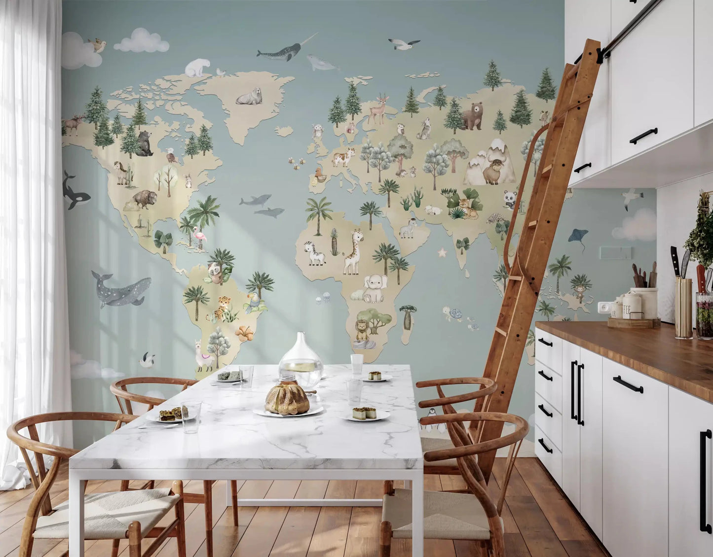 Kitchen with Animal Atlas Blue Wall Mural educational layout