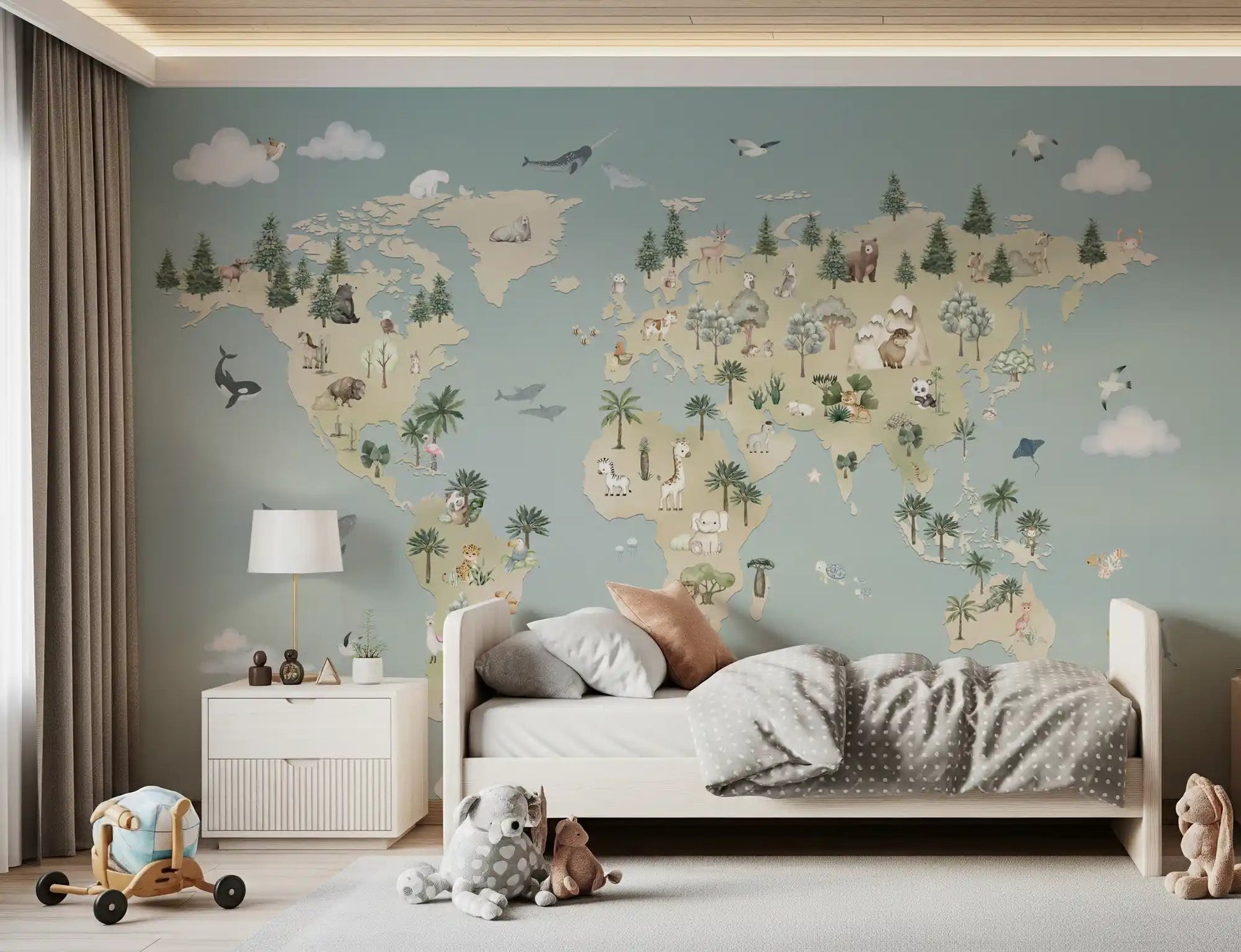 Decorative map mural in Animal Atlas Blue soft color palette