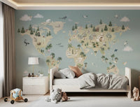 Decorative map mural in Animal Atlas Blue soft color palette