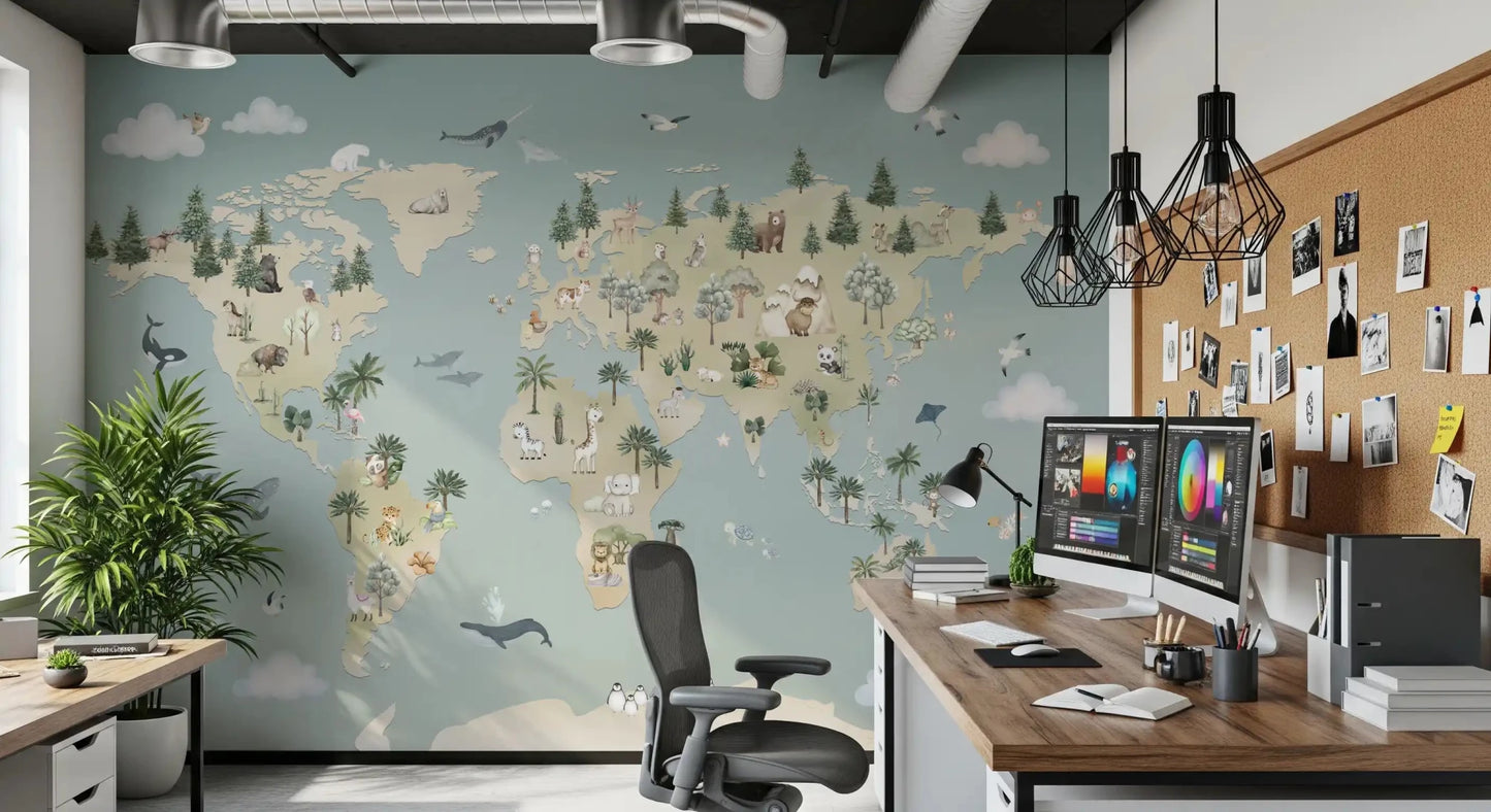 Global animal map design from Animal Atlas Blue Wall Mural