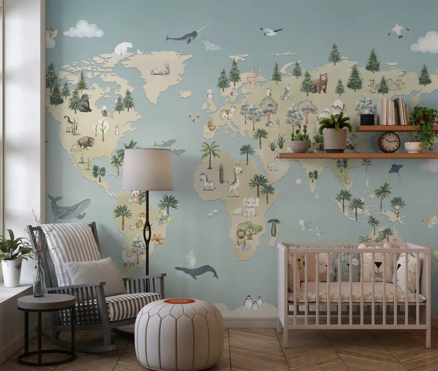 Illustrated world map in Animal Atlas Blue Wall Mural style