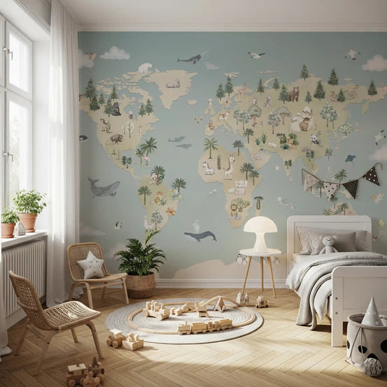 Kids room styled with Animal Atlas Blue Wall Mural world map, GD9165