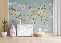 Animal Atlas Blue Wall Mural displaying animals across continents
