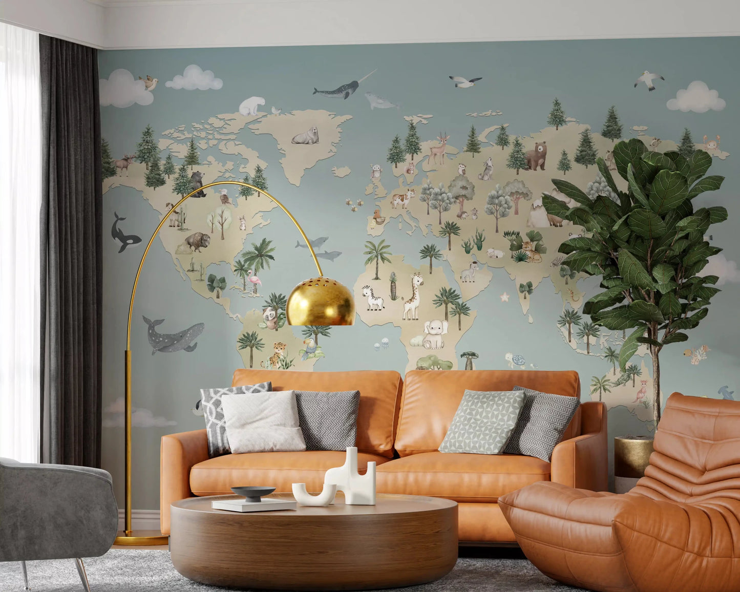 Animal Atlas Blue Wall Mural with ocean animals and clouds
